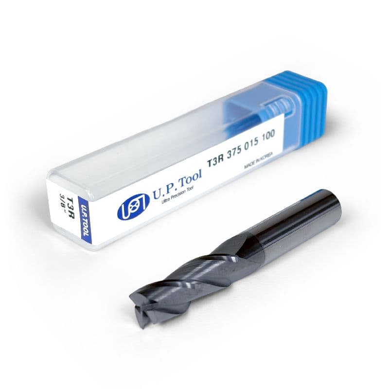3/8" Carbide End Mill, 3 flutes, Bull Nose - R0.015", 1.0" LOC, AlCrN Coated
